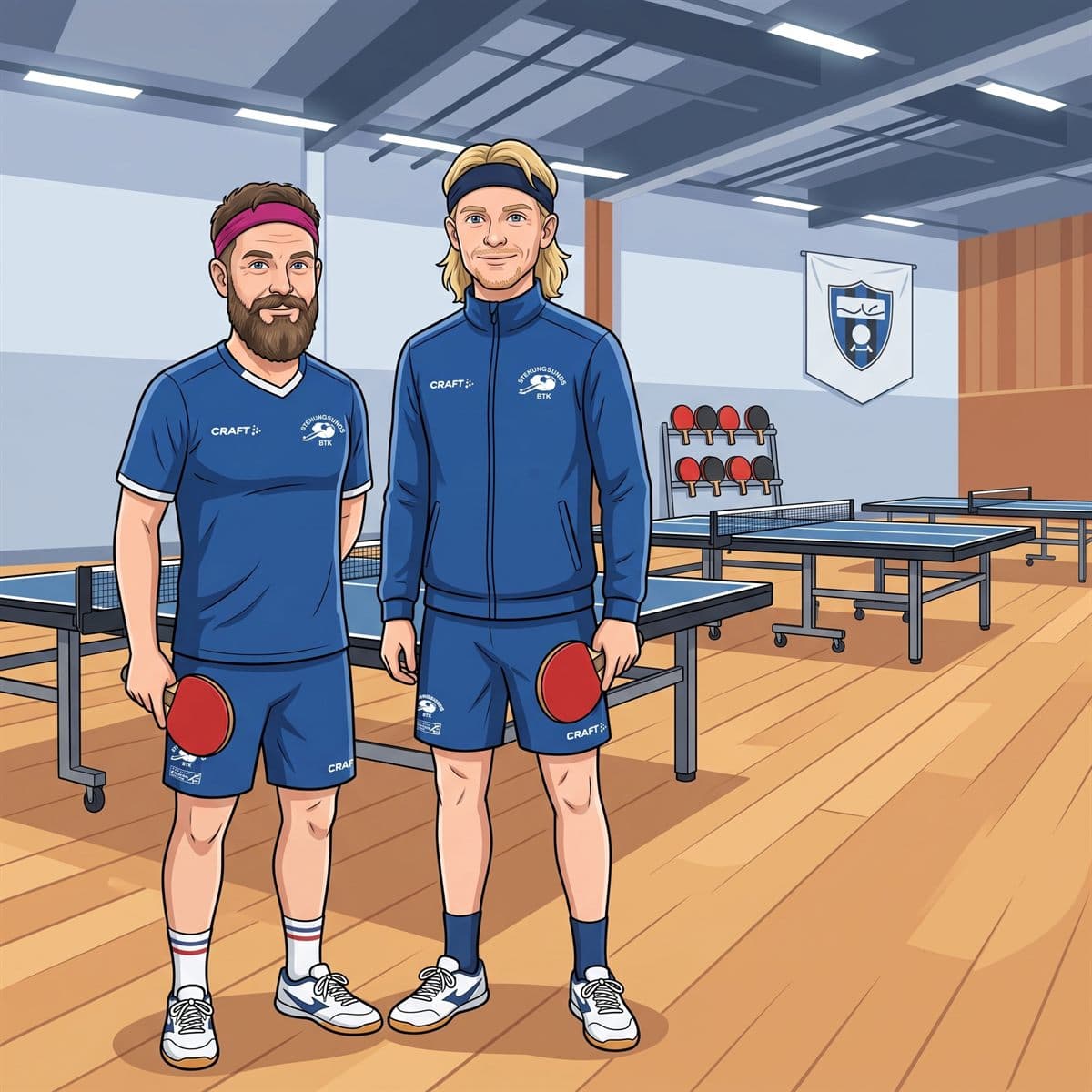 Simon Ebeling till vänster och Martin Lassbo till höger, tecknade i Stenungsunds BTF:s blå färger med var sitt racket, i en bordtennishall.